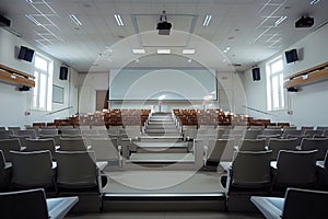 A lecture hall with empty seats and a large screen