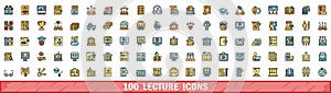 100 lecture icons set, color line style