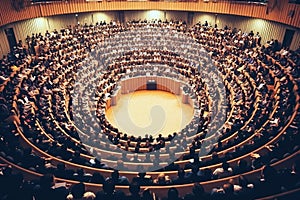 Lecture in a large university auditorium to a group of students aerial view. AI generated.