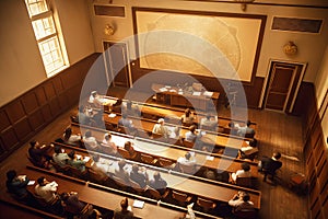Lecture in a large university auditorium to a group of students aerial view. AI generated.