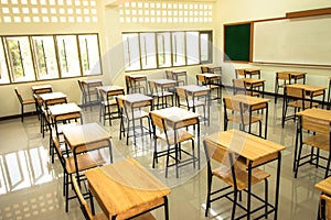 Lecture room or School empty classroom with desks and chair iron