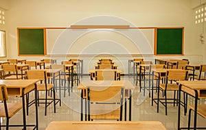 Lecture room or School empty classroom with desks and chair iron