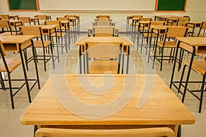 Lecture room or School empty classroom with desks and chair iron