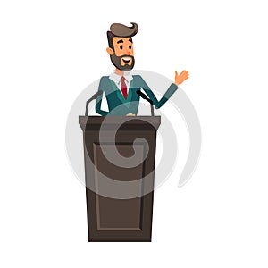 The lecturer stands behind the rostrum. The speaker lectures and gestures. A young politician speaks to the public. photo