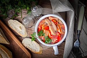 Leczo - stew with peppers, onions and sausages.