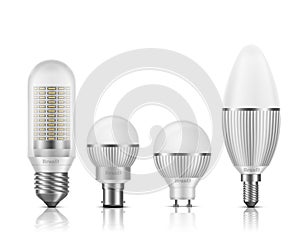 LED bulbs with different base types vector set