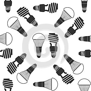 LED bulbs and fluorescent light bulb icon seamless pattern on white background