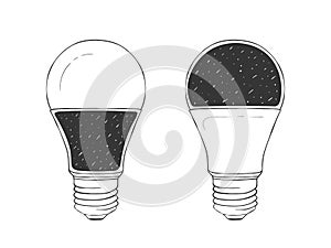 LED bulbs. Light bulbs hand drawn icons. Two light bulb sketch. Vector illustration
