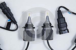 Led car lights on a white background. Mounting base HB4