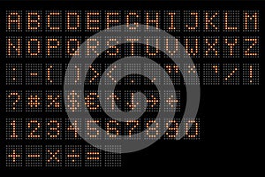 Led digital alphabet. Electronic number and alphabet digital display, letters and symbols. Digital terminal table led font, with g