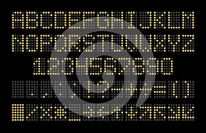 Led display font. Dot light english alphabet, electronic digital board yellow letters, numbers and signs isolated on