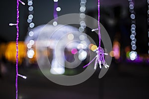 LED garden lights hanging from above At night, many parts are blurry.