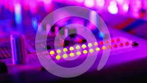 Led indicator level signal of volume on the sound mixing console or Dj console on the party in nightclub.