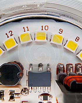 LED lamp eletronic circuit. Detail of the circuit and LEDs of a LED bulb lamp. Light Emitting Diode circuit photo