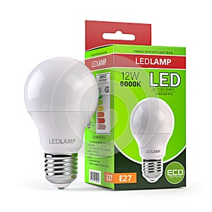 Led lamp with package box isolated on white. Energy efficient light bulb