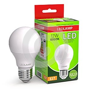 Led lamp with package box isolated on white. Energy efficient light bulb