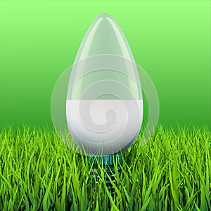 LED lamp, saving bulb on the green grass. 3D rendering