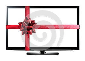 LED or LCD TV with red christmas gift ribbon