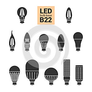 LED light B22 bulbs vector silhouette icon set