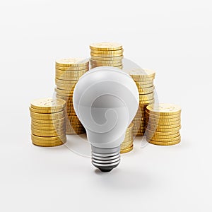 LED Light Bulb ahead of Stacks of Coins on Light Gray Background