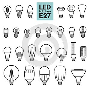 LED light E27 bulbs vector outline icon set