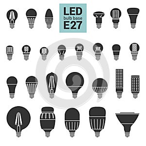 LED light E27 bulbs vector silhouette icon set