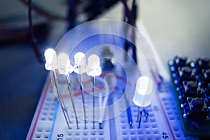 LED Light-emitting diodes on electrical breadboard