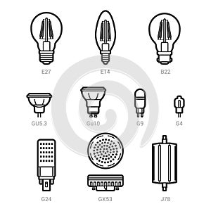 LED light lamp bulbs vector outline icon set