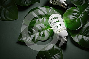 LED light lamps with green leaf, ECO energy concept.