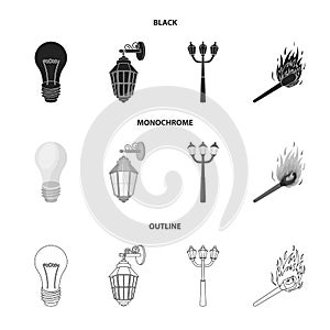 LED light, street lamp, match.Light source set collection icons in black,monochrome,outline style vector symbol stock