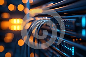 LED lights illuminate a network server with connected cables in a modern data center