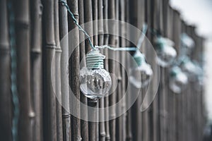 LED mint color light bulbs with wires hanging on a bamboo screen wall outside on a deck