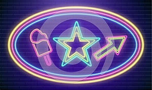Led neon star vector. Colorful disco party sign. Arrow casino frame. Night pointer for bar in blue colors. Retro style