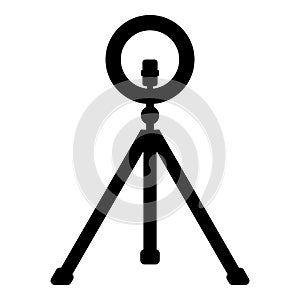 Led ring lamp on tripod with smartphone for phone studio photo light podcast concept equipment for streaming video icon black