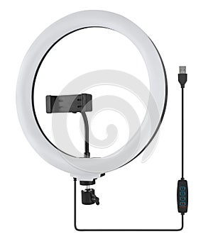 LED ring light, for selfies, with phone holder, white background