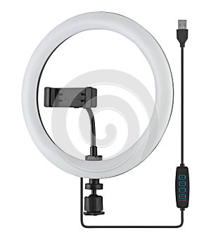 LED ring light, for selfies, with phone holder, white background