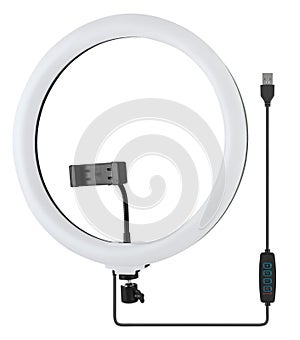 LED ring light, for selfies, with phone holder, white background