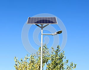 Led solar cell street light on blue sky background