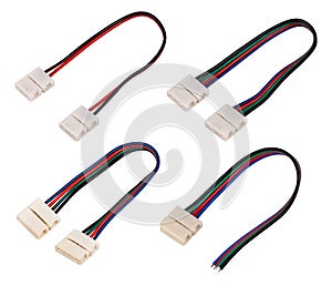 LED strip tape connectors set on white background