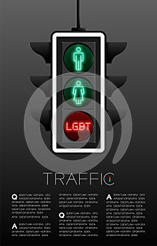 LED Traffic Light with gender sign, Sexuality diversity; LGBT problem concept poster or flyer template layout design illustration