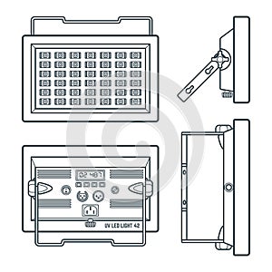 LED ultraviolet professional stage projector dark contour illustration various position.