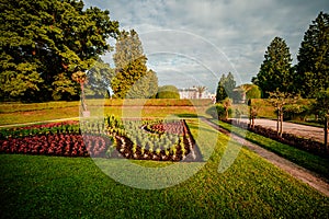 Lednice Chateau with beautiful gardens and parks. Lednice-Valtice Landscape, South Moravian region. UNESCO World Heritage Site.