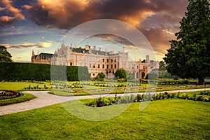 Lednice Chateau with beautiful gardens and parks. Lednice-Valtice Landscape, South Moravian region. UNESCO World Heritage Site.