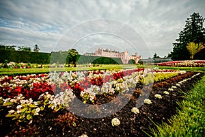 Lednice Chateau with beautiful gardens and parks. Lednice-Valtice Landscape, South Moravian region. UNESCO World Heritage Site.