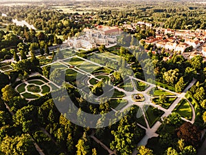 Lednice Chateau with beautiful gardens and parks on sunny summer day. Lednice-Valtice Landscape, South Moravian region. UNESCO Wor