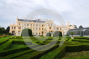 Tourists in front of the Lednice castle mansion in Lednice Valtice area, Czech Republic