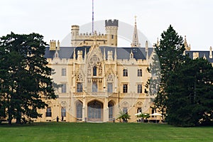 Tourists in front of the Lednice castle mansion in Lednice Valtice area, Czech Republic