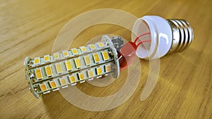 LEDs in a disassembled lamp with an E27 cap
