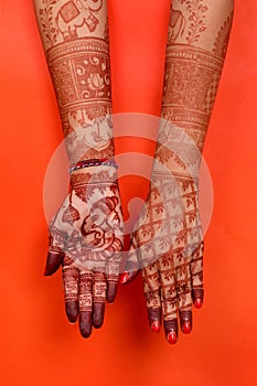 Ledy Feet and Hands in Heena for wedding in white background and isolated hand and feet  | hand design | feet design | beautiful d