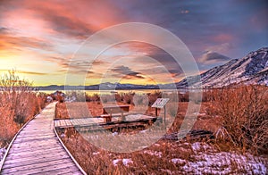 LEE VINING, CALIFORNIA, UNITED STATES - Nov 14, 2020: A bench at Mono Lake County Park